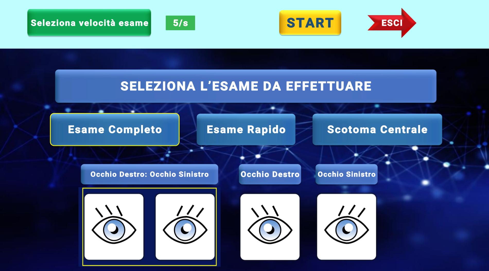 Schermata di selezione dell'esame: completo, rapido o scotoma centrale