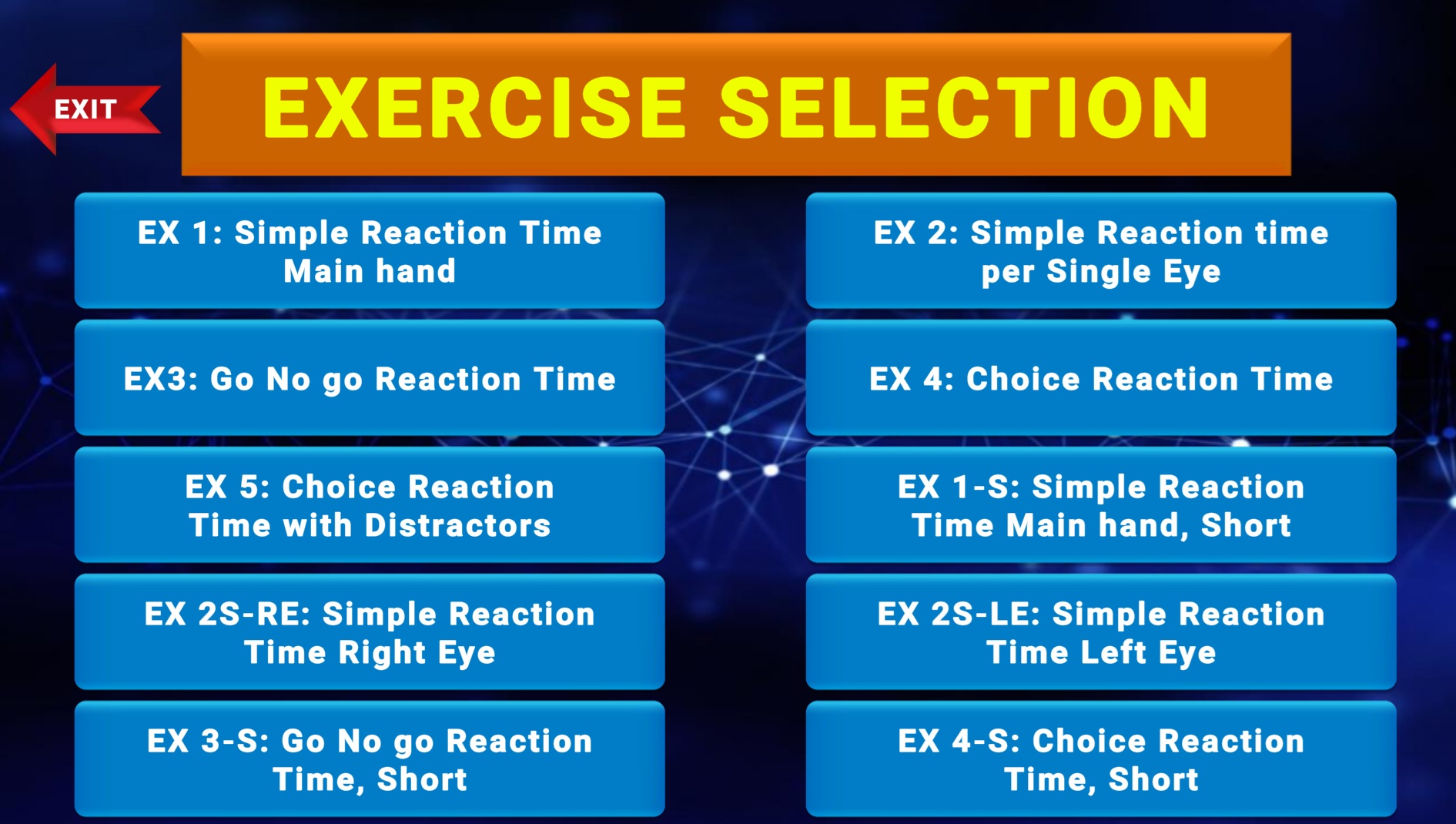 Reaction time exercise selection screen