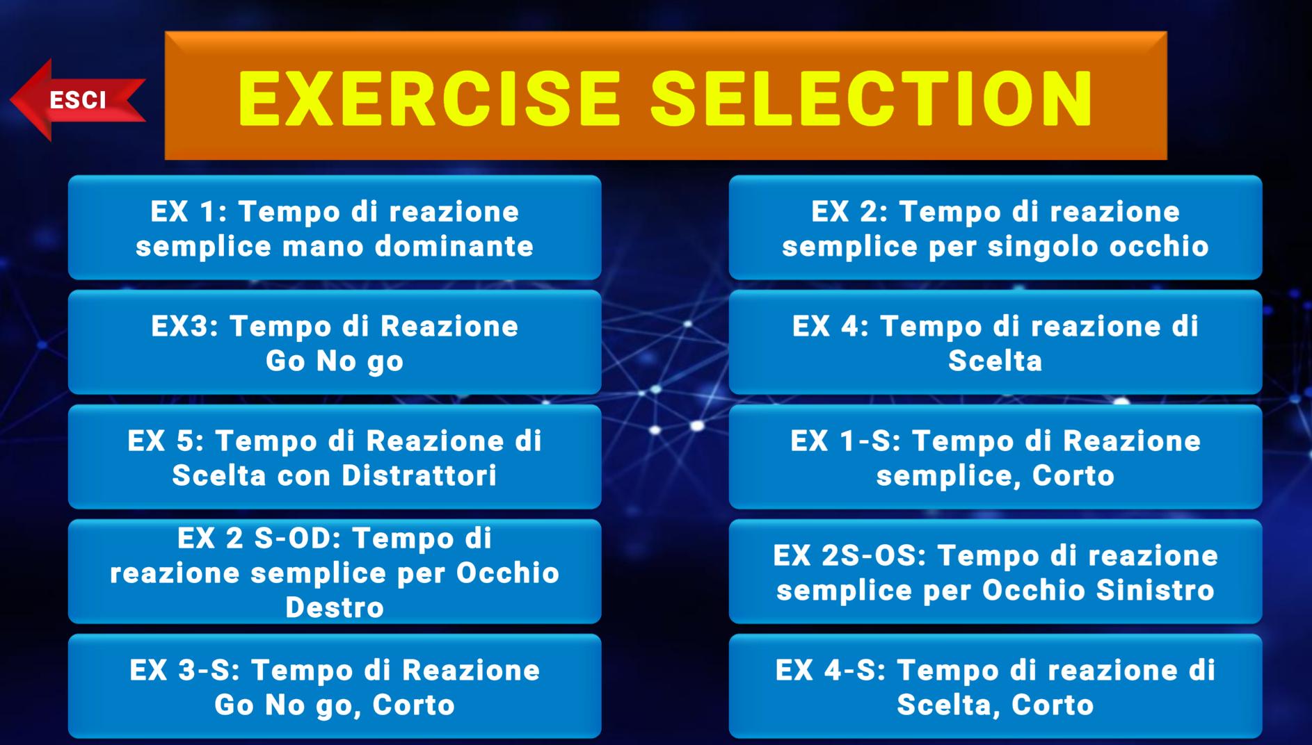 Schermata di selezione degli esercizi sui tempi di reazione